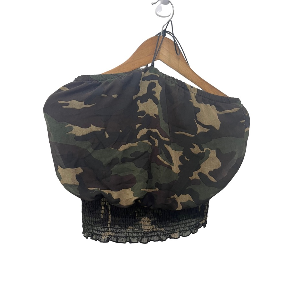 SAN JULIAN CAMO CROPPED HALTER TOP WITH SMOCKING DETAILS